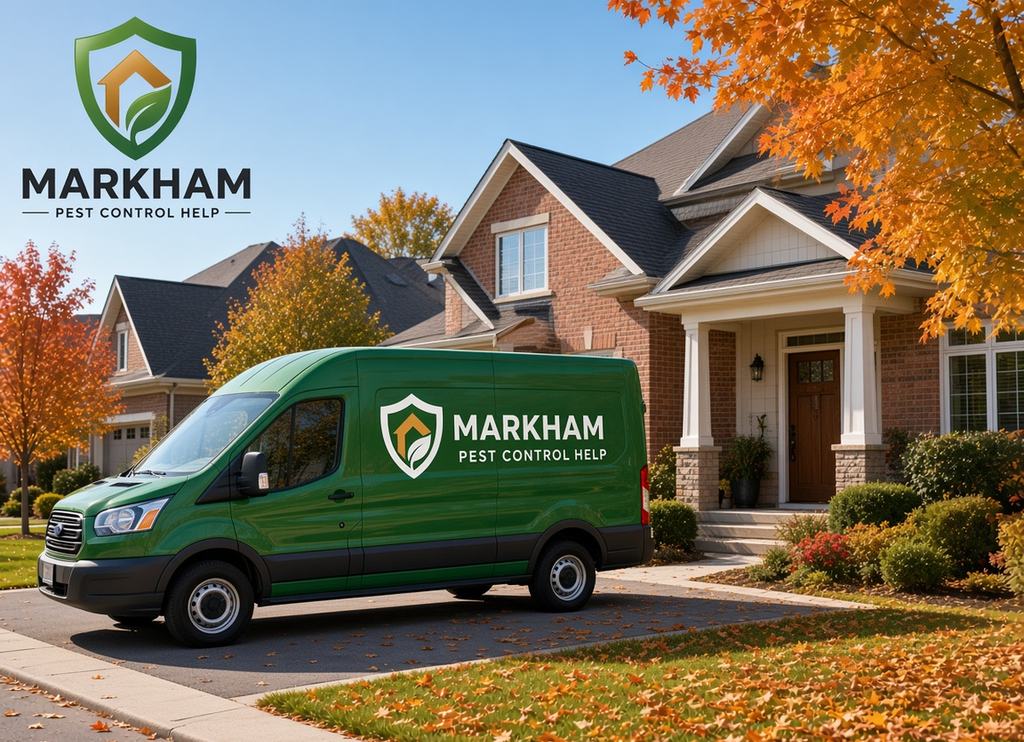 Green service van parked outside a brick home in autumn